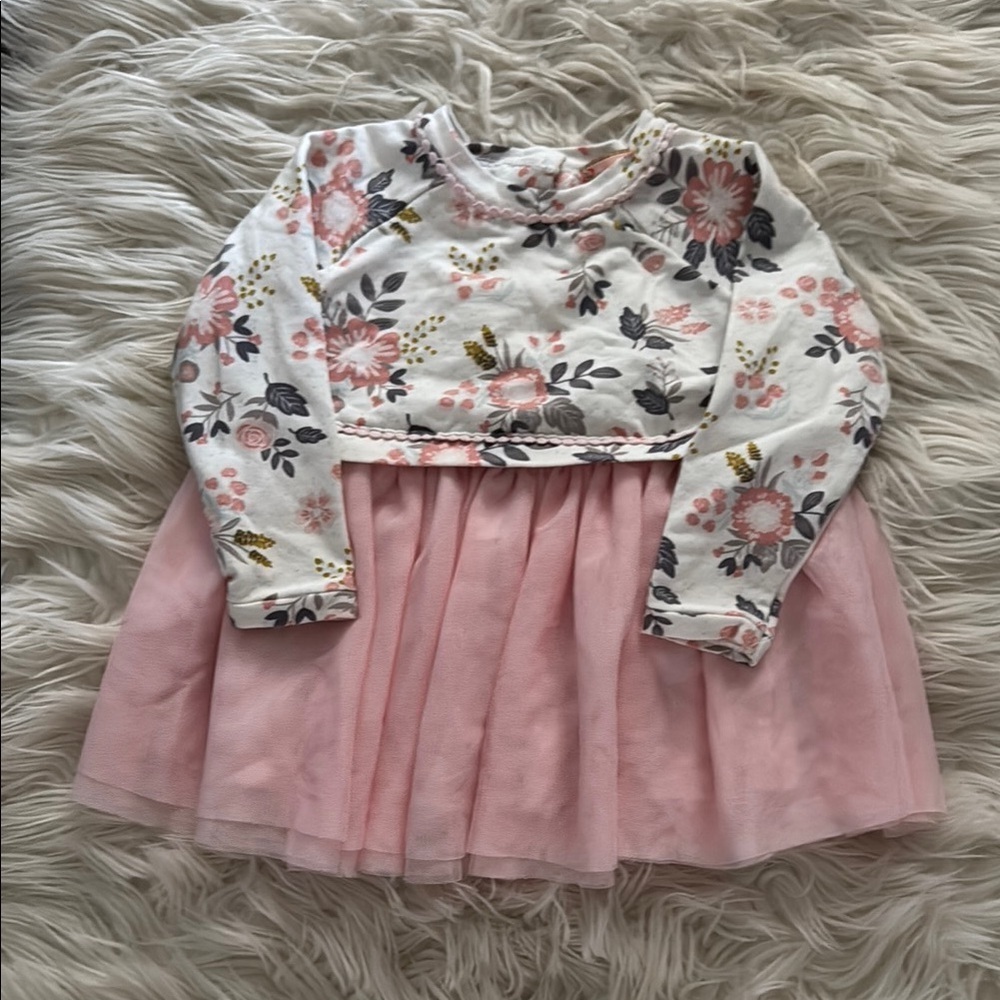 Adorable Floral Long Sleeve Dress with Pink Tulle Skirt